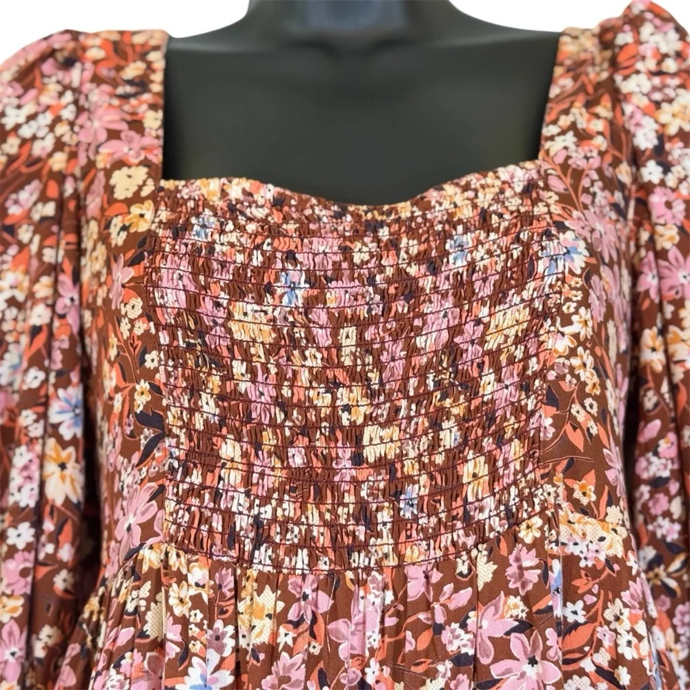 Gypsy Love Smocked Floral Puff Sleeve Mini Dress Boho Festival Style Size M - Picture 3 of 14